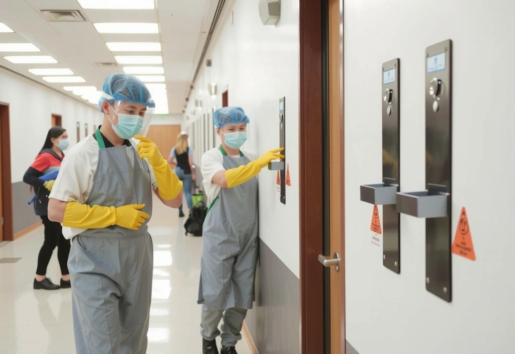 A professional cleaning team sanitizing high-touch surfaces in a public area