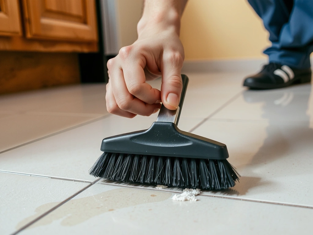 Close-up of a hand scrubbing grout with a brush, showing deep cleaning in action