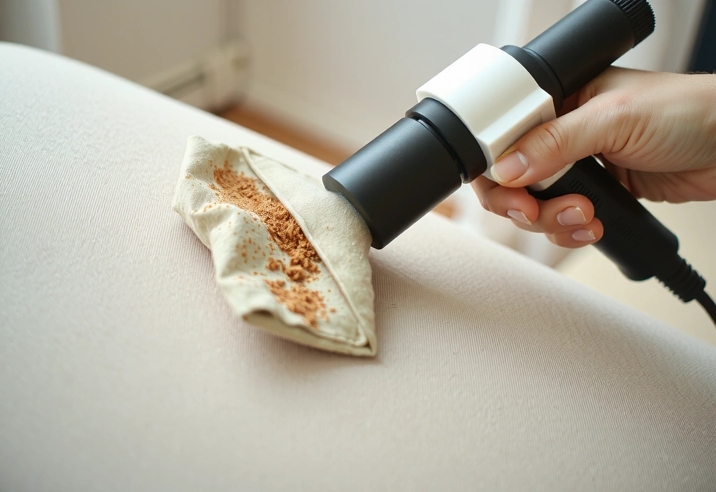 Detailed shot of an upholstered sofa being cleaned with a specialized tool