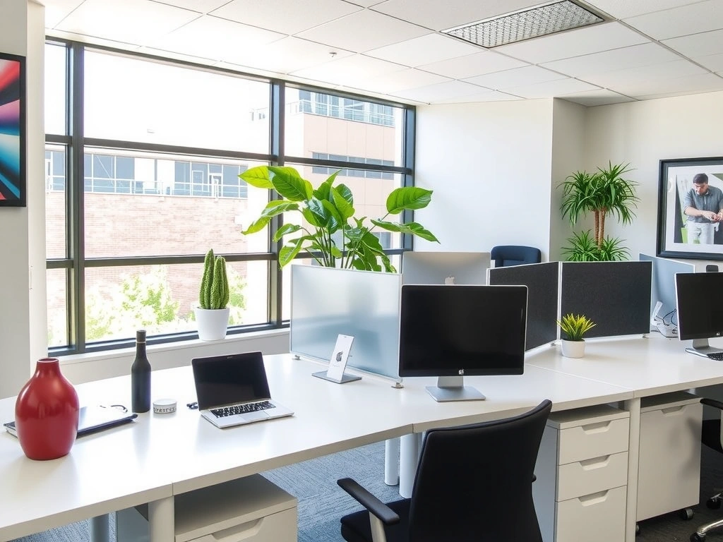 Modern commercial office space with clean desks and large windows, showcasing a professional work environment