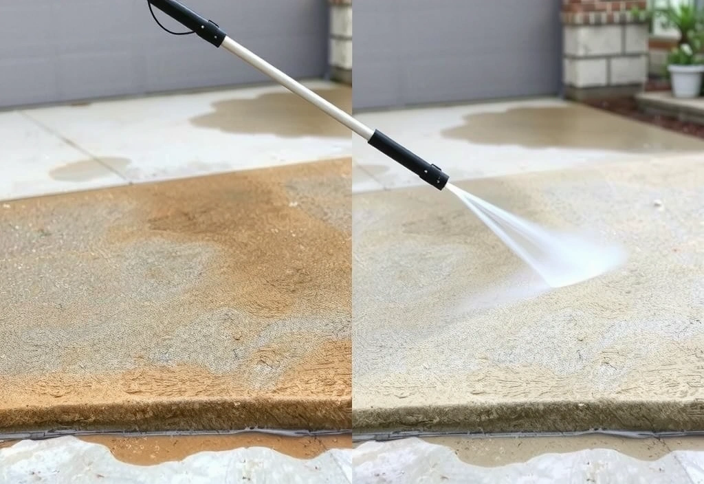 Pressure washer cleaning a dirty concrete driveway, showing a clear cleaned path