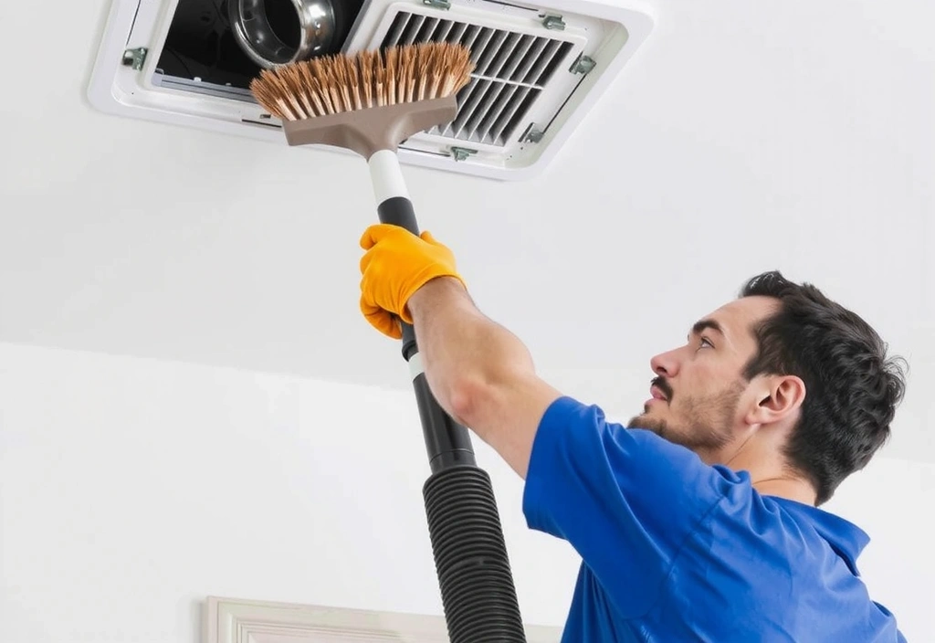 Professional cleaner cleaning air vents with a specialized brush and vacuum