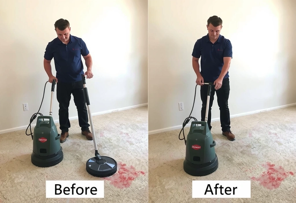 Professional carpet cleaner using a steam machine on a stained carpet