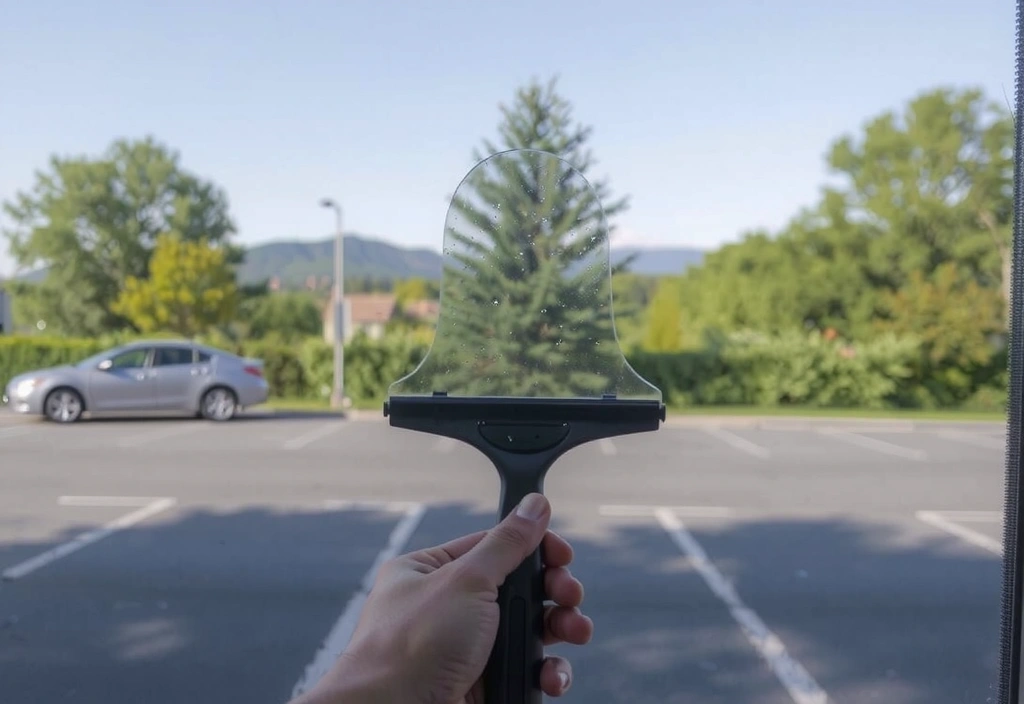 Sparkling clean window with a squeegee reflection, showing clear view outside