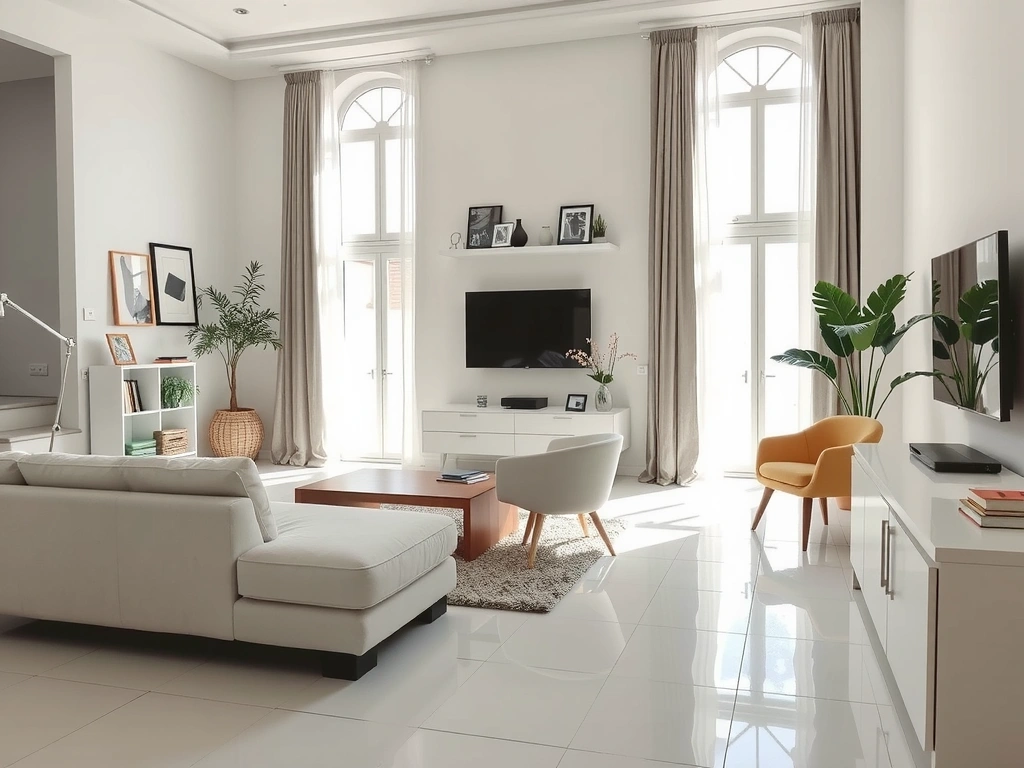 Sparkling clean interior of a modern home, showcasing a tidy living room with bright light
